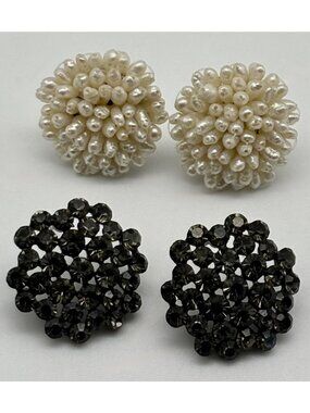 Vintage Earrings Freshwater Pearls & Black Rhinestones, Pierced Ears, Set of Two
